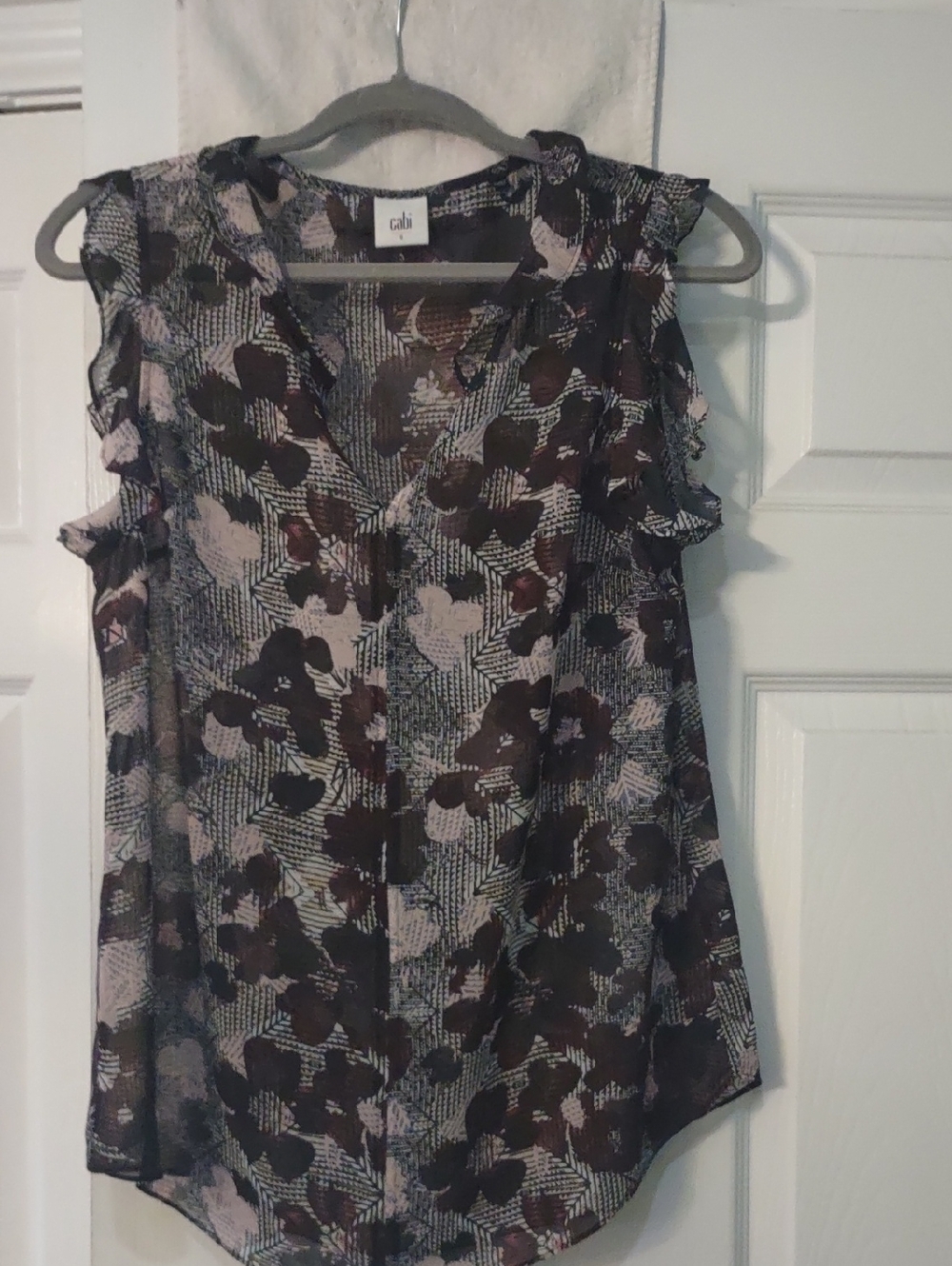cabi Sheer Floral Ruffle-Sleeve Blouse in Black and Mauve